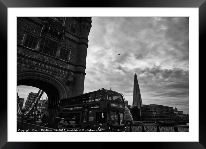On Tower Bridge as a bus goes past Framed Mounted Print by Ann Biddlecombe
