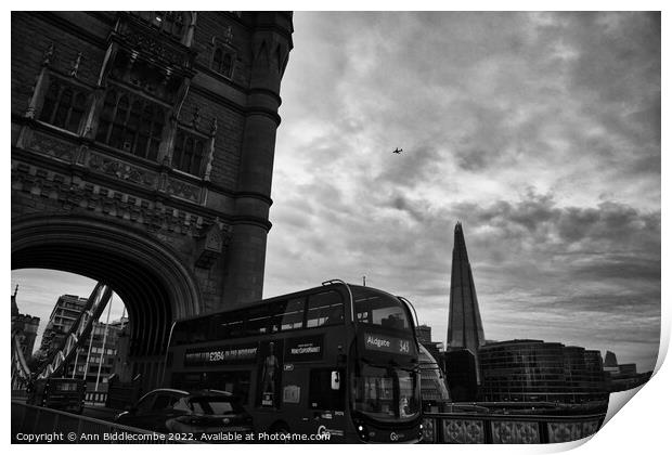 On Tower Bridge as a bus goes past Print by Ann Biddlecombe
