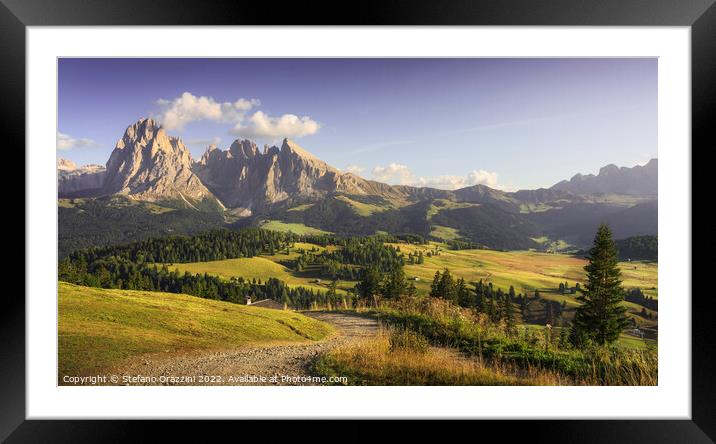 Alpe di Siusi, Sassolungo mountain and pathway Framed Mounted Print by Stefano Orazzini