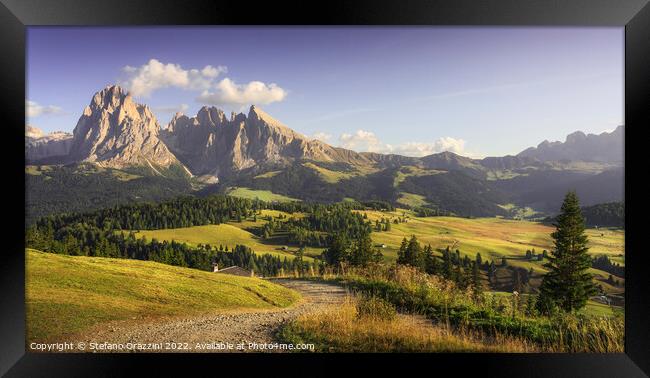 Alpe di Siusi, Sassolungo mountain and pathway Framed Print by Stefano Orazzini