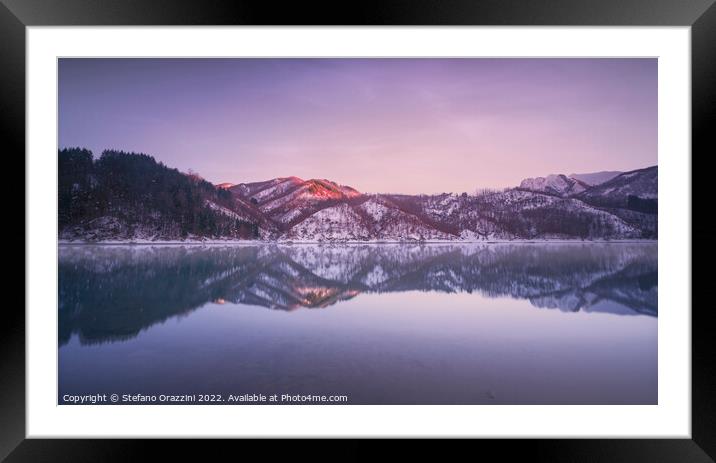 Gramolazzo lake and snow in Apuan mountains. Garfagnana, Tuscany Framed Mounted Print by Stefano Orazzini