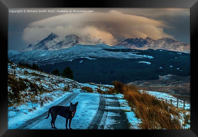 'Lucy', the Glenmore road and the Cuillin. Framed Print by Richard Smith
