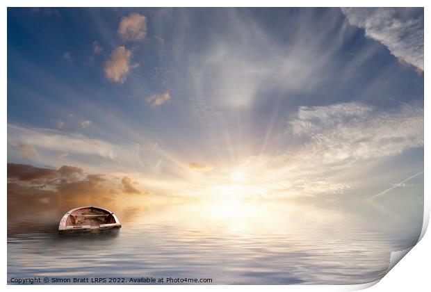 Rowing boat lost in calm sea Print by Simon Bratt LRPS