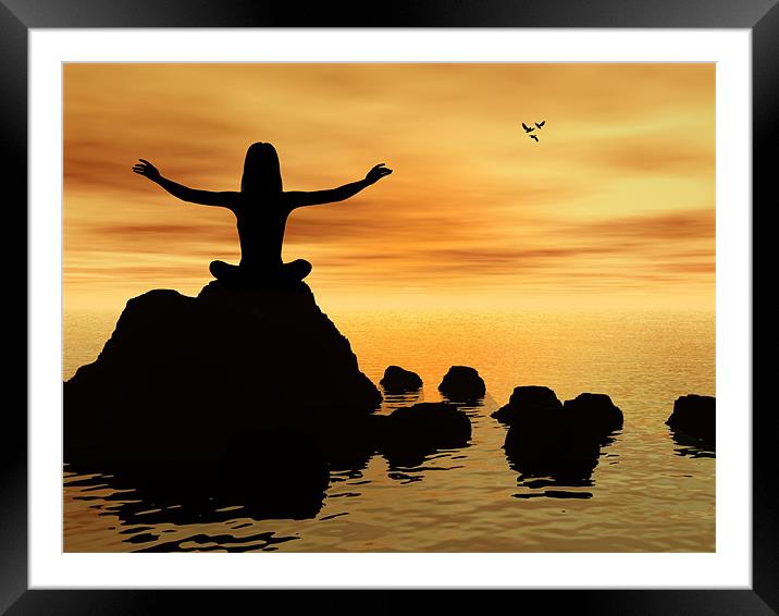 At one, woman meditates on an ocean rock Framed Mounted Print by Laura Dawnsky