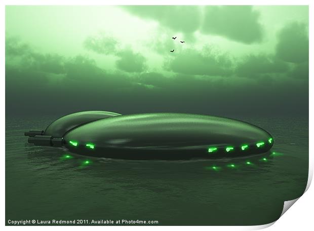 Green space ship settles on the ocean Print by Laura Dawnsky