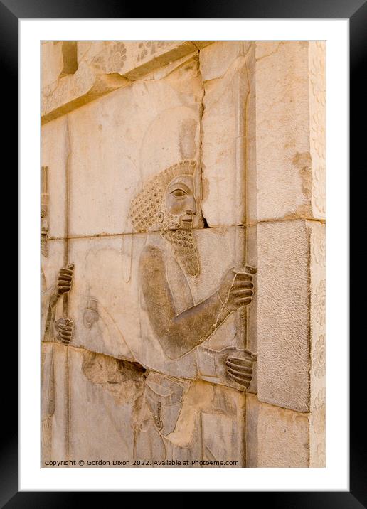 2500 year old carving of a soldier at Persepolis, Iran Framed Mounted Print by Gordon Dixon