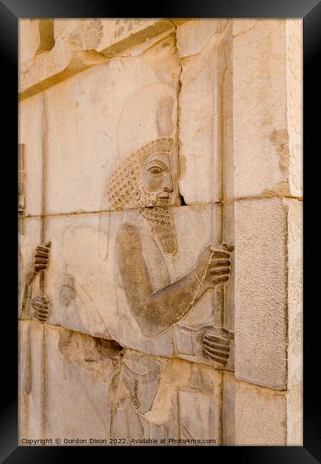 2500 year old carving of a soldier at Persepolis, Iran Framed Print by Gordon Dixon