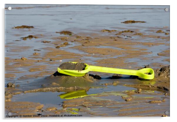 Abandoned yellow spade on Weymouth beach Acrylic by Gordon Dixon