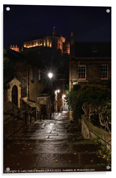 The Vennel and Edinburgh Castle  Acrylic by Lady Debra Bowers L.R.P.S