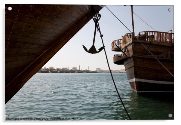 Cargo dhow bows and anchor, moored in Dubai creek UAE Acrylic by Gordon Dixon