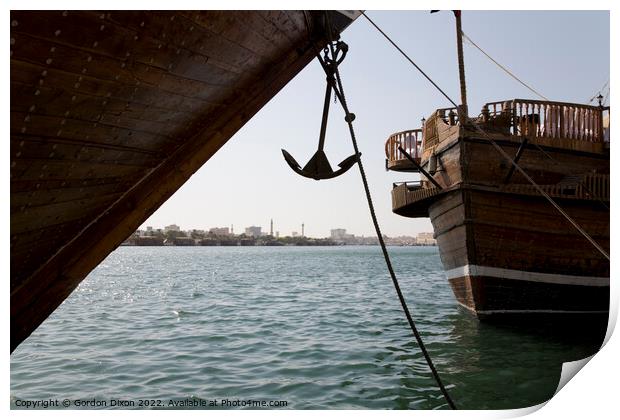 Cargo dhow bows and anchor, moored in Dubai creek UAE Print by Gordon Dixon