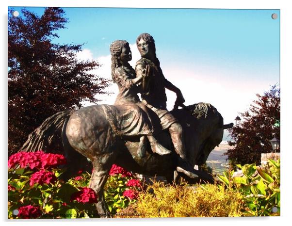 A statue of a couple  riding a horse Acrylic by Stephanie Moore