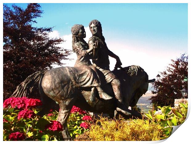 A statue of a couple  riding a horse Print by Stephanie Moore