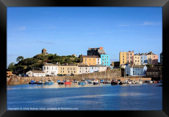 Tenby Harbour and colourful Geogain houses Framed Print by Chris Warren