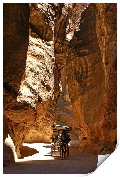 Donkey carriage in the Siq at Petra. Print by David Birchall