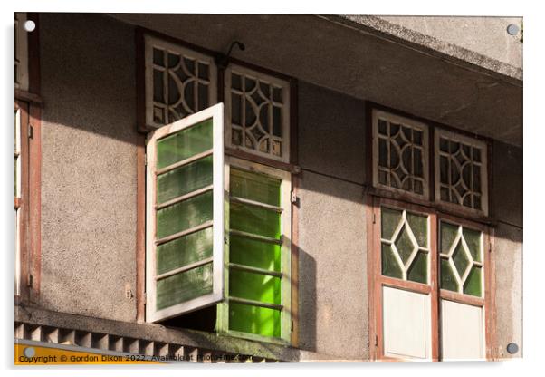 Old green glass windows on an old 'colonial' house in Mumbai, India Acrylic by Gordon Dixon