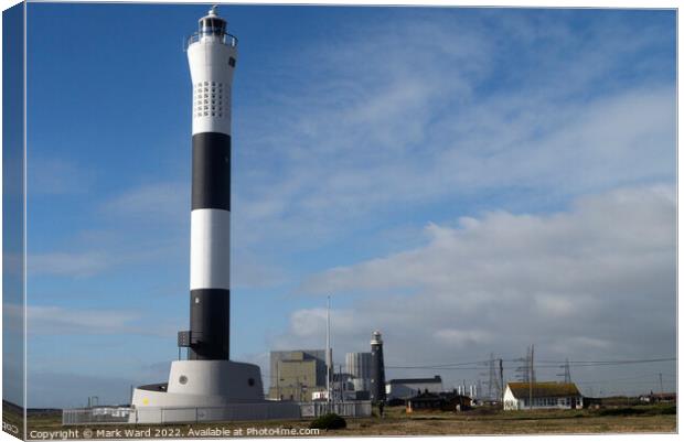 Dungeness Power Station and Lighthouses. Canvas Print by Mark Ward