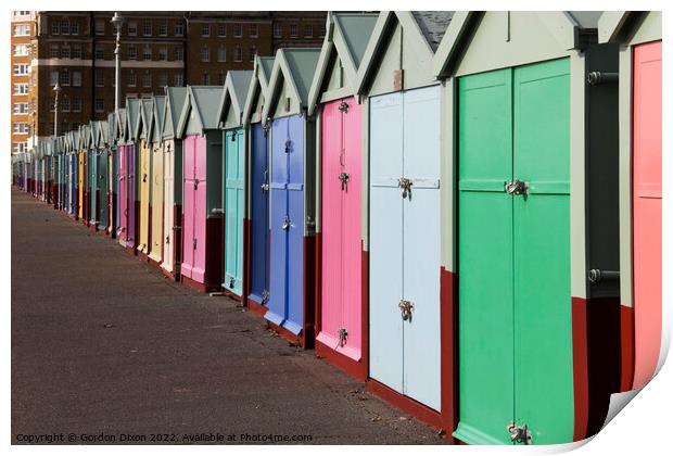 A row of beach huts stretching to infinity (almost) on the seafront - Brighton and Hove Print by Gordon Dixon