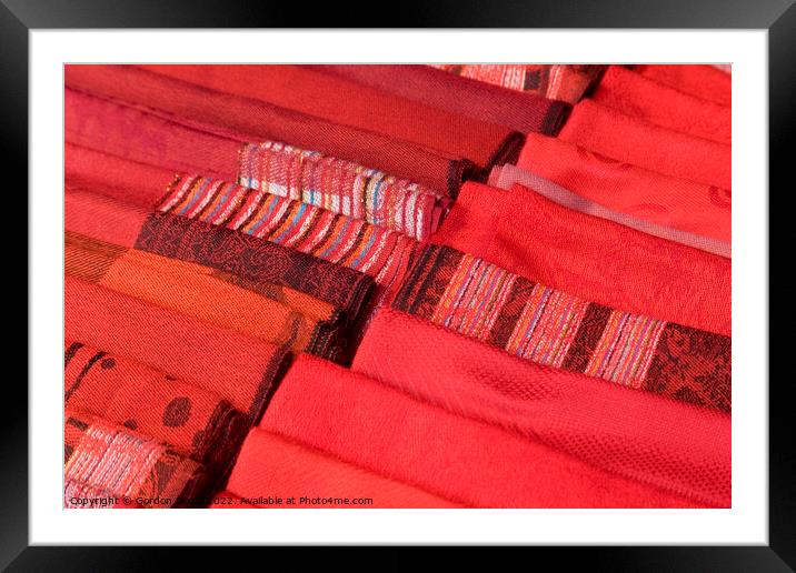 Selection of Red hand-made scarfs for sale Framed Mounted Print by Gordon Dixon