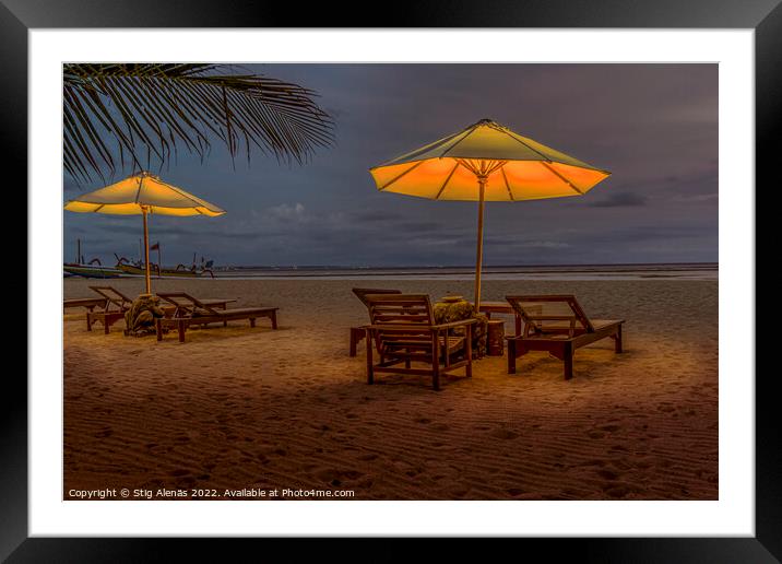 Sunbeds in evening light at Sanur Beach on the Isl Framed Mounted Print by Stig Alenäs