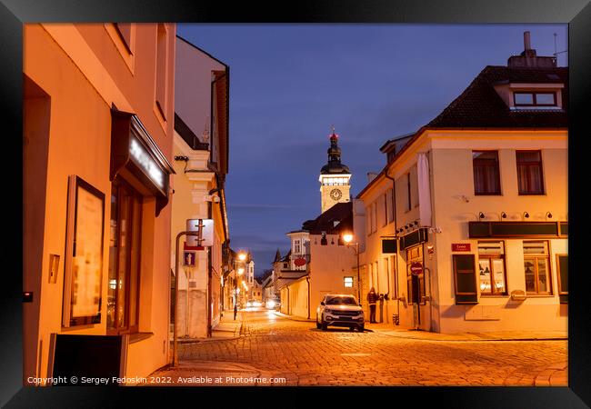 Street in center of Ceske Budejovice at night, Czechia Framed Print by Sergey Fedoskin