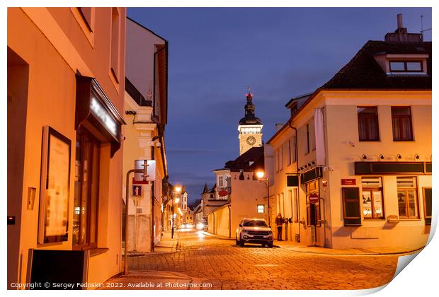 Street in center of Ceske Budejovice at night, Czechia Print by Sergey Fedoskin