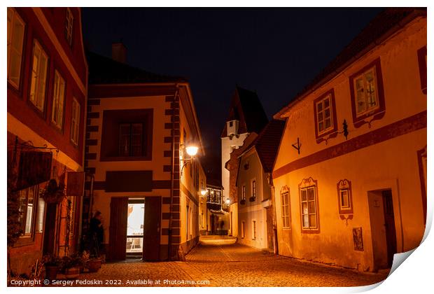 Street in center of Ceske Budejovice at night, Czechia Print by Sergey Fedoskin