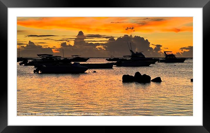 sunset with boats Framed Mounted Print by liam mclaughlin