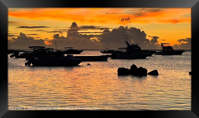 sunset with boats Framed Print by liam mclaughlin