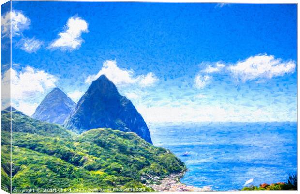 View over the town of Soufrière to the Pitons on t Canvas Print by Stuart Chard
