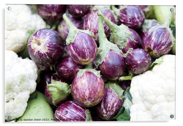 Aubergines or Brinjals bordered by cauliflowers on a vegetable stall in Mumbai Acrylic by Gordon Dixon
