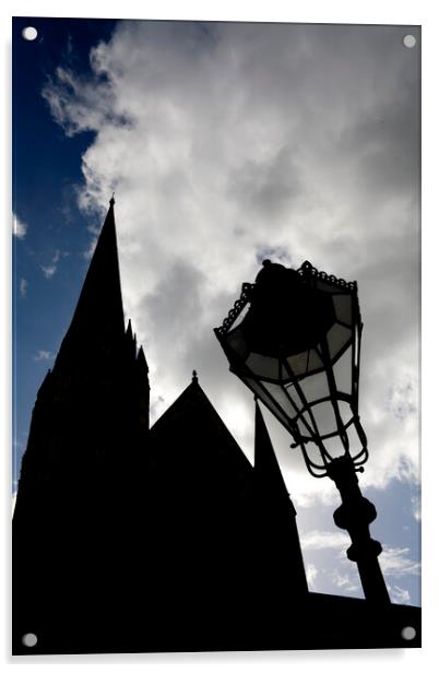 Iconic spire of Salisbury Cathedral and ornate street lamp in silhouette Acrylic by Gordon Dixon