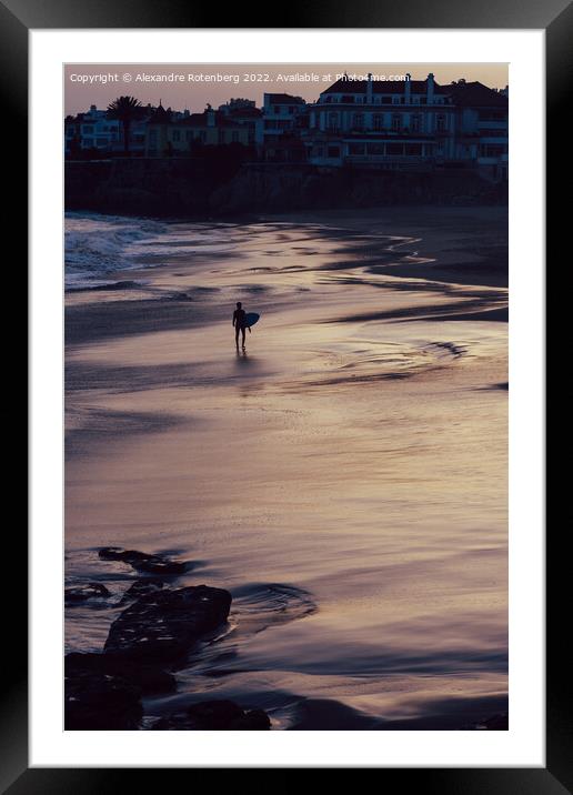 Sole surfer on a beach in Cascais, Portugal Framed Mounted Print by Alexandre Rotenberg