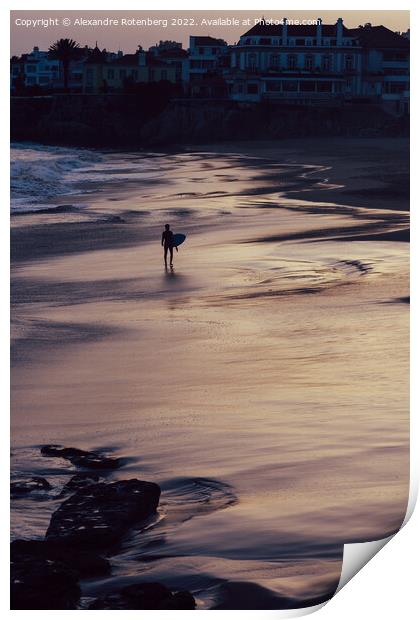 Sole surfer on a beach in Cascais, Portugal Print by Alexandre Rotenberg