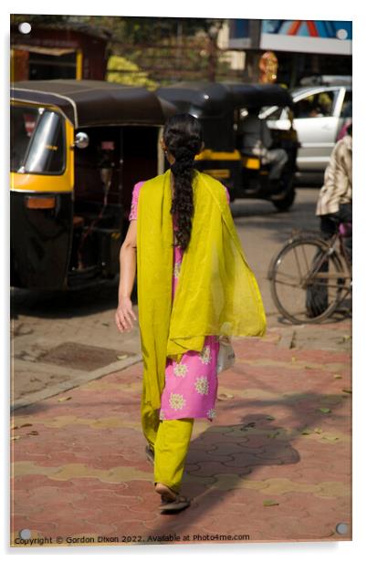 Traditionally dressed Indian lady walking along a street in Mumbai, India  Acrylic by Gordon Dixon