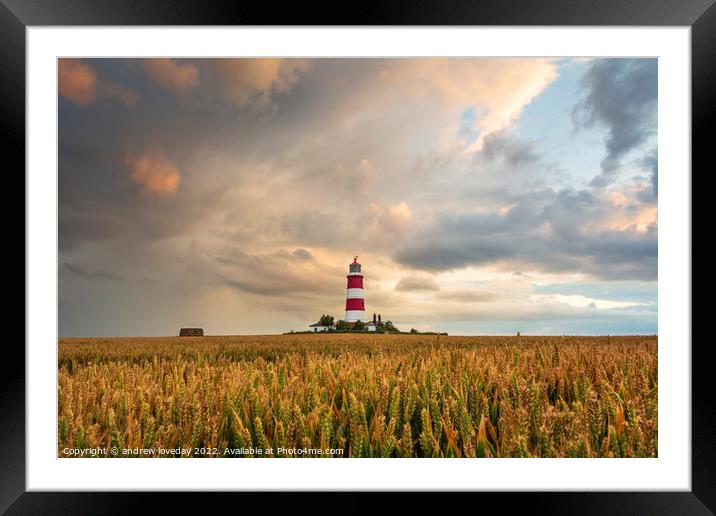 Crops and Clouds at Happisburgh Lighthouse  Framed Mounted Print by andrew loveday