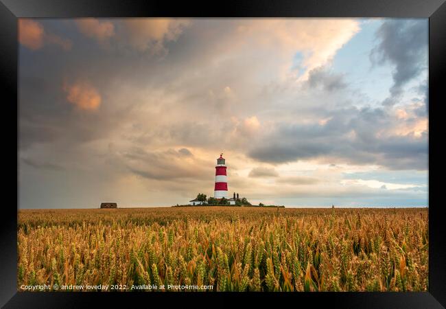 Crops and Clouds at Happisburgh Lighthouse  Framed Print by andrew loveday