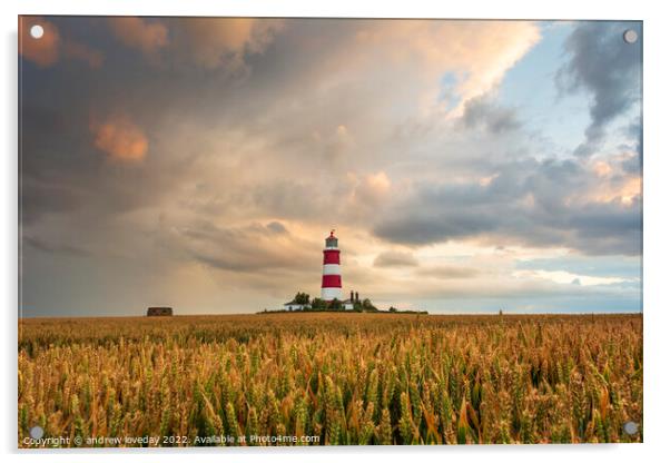 Crops and Clouds at Happisburgh Lighthouse  Acrylic by andrew loveday
