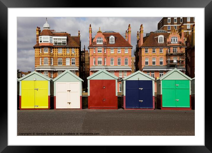 Five coloured beach huts on the Brighton seafront Framed Mounted Print by Gordon Dixon