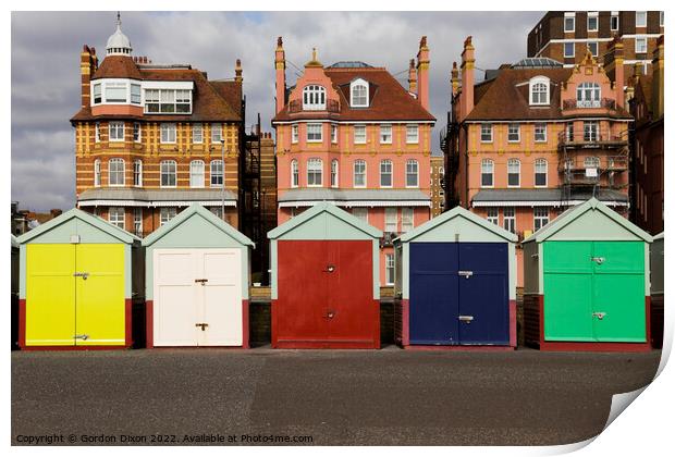 Five coloured beach huts on the Brighton seafront Print by Gordon Dixon