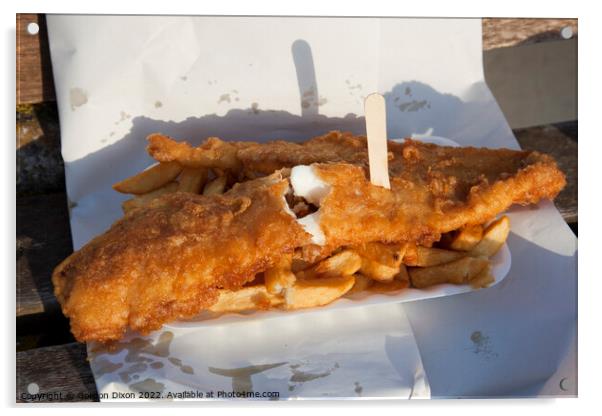Golden brown battered fish with chips and a wooden fork in paper - delicious Acrylic by Gordon Dixon
