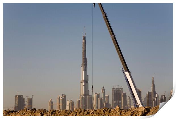 Checking it's vertical - Sheik Zayed Road skyline during construction of the Burj Khalifa, Dubai Print by Gordon Dixon