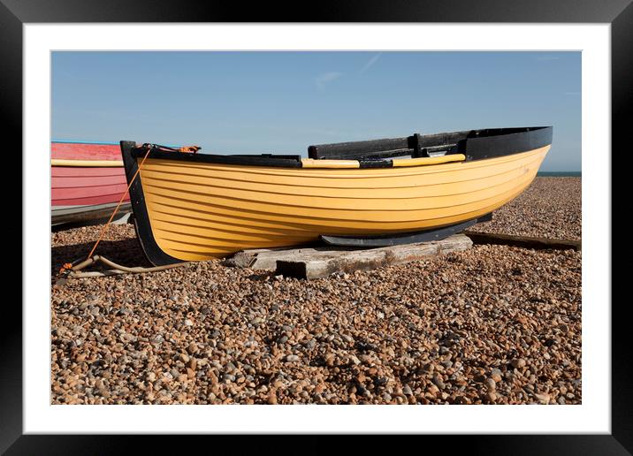 Yellow fishing boat on shingle  - Brighton beach Framed Mounted Print by Gordon Dixon
