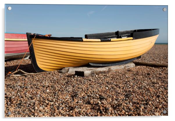Yellow fishing boat on shingle  - Brighton beach Acrylic by Gordon Dixon