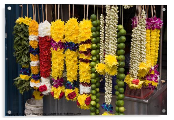 Floral garlands for sale as offerings at a Hindu temple in Kuala Lumpur, Malaysia Acrylic by Gordon Dixon