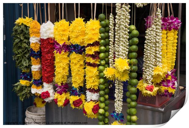 Floral garlands for sale as offerings at a Hindu temple in Kuala Lumpur, Malaysia Print by Gordon Dixon