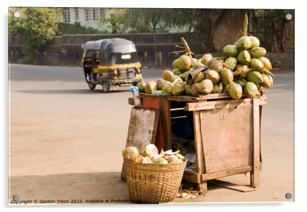 Fresh coconuts for sale on the roadside at Mumbai, India Acrylic by Gordon Dixon