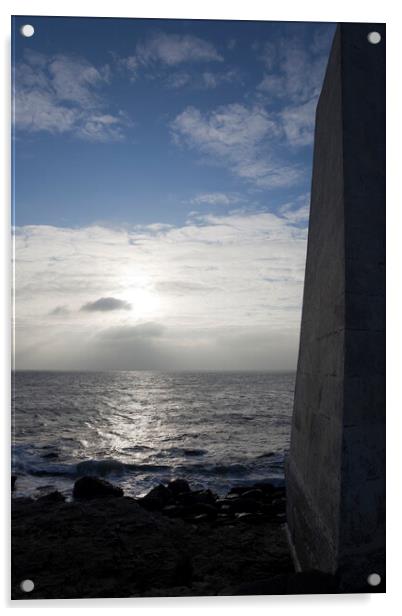 A dark obelisk looks over the sea at Portland Bill Dorset towards the setting sun Acrylic by Gordon Dixon