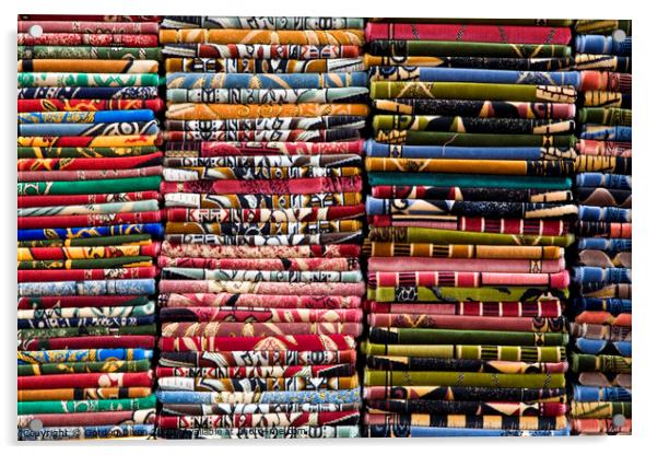 Stacks of colourful Prayer Mats for sale at an Istanbul market Acrylic by Gordon Dixon