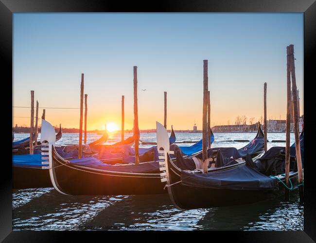 Sunrise with Gondolas in San Marco, Venice Framed Print by Dietmar Rauscher